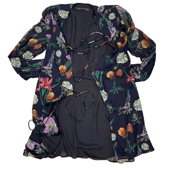 Zara Woman SMALL Black Lined Botanical/Floral Wrap Dress w Sheer Sleeves - Picture 3 of 7